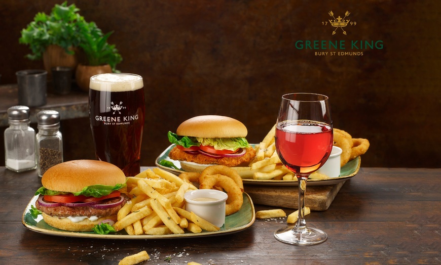 Image 1: Two Burgers & Two Drinks for 2 at participating Greene King-From 15/01