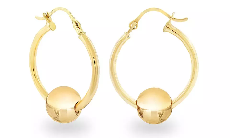 14K Solid Yellow Gold Hoop Earrings with Ball Slider - Primary Image