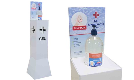 Espositore a piantana con porta dispenser gel igienizzante mani