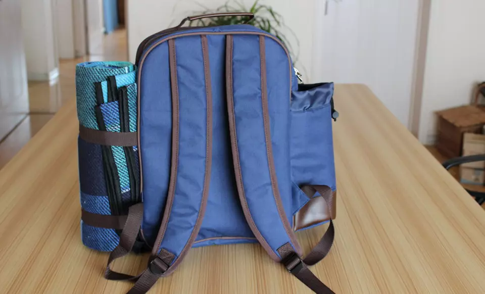 Blue Picnic Backpack with an Insulated Cooler, Plaid Blanket, and Picnic Essentials for Four - Second Medium