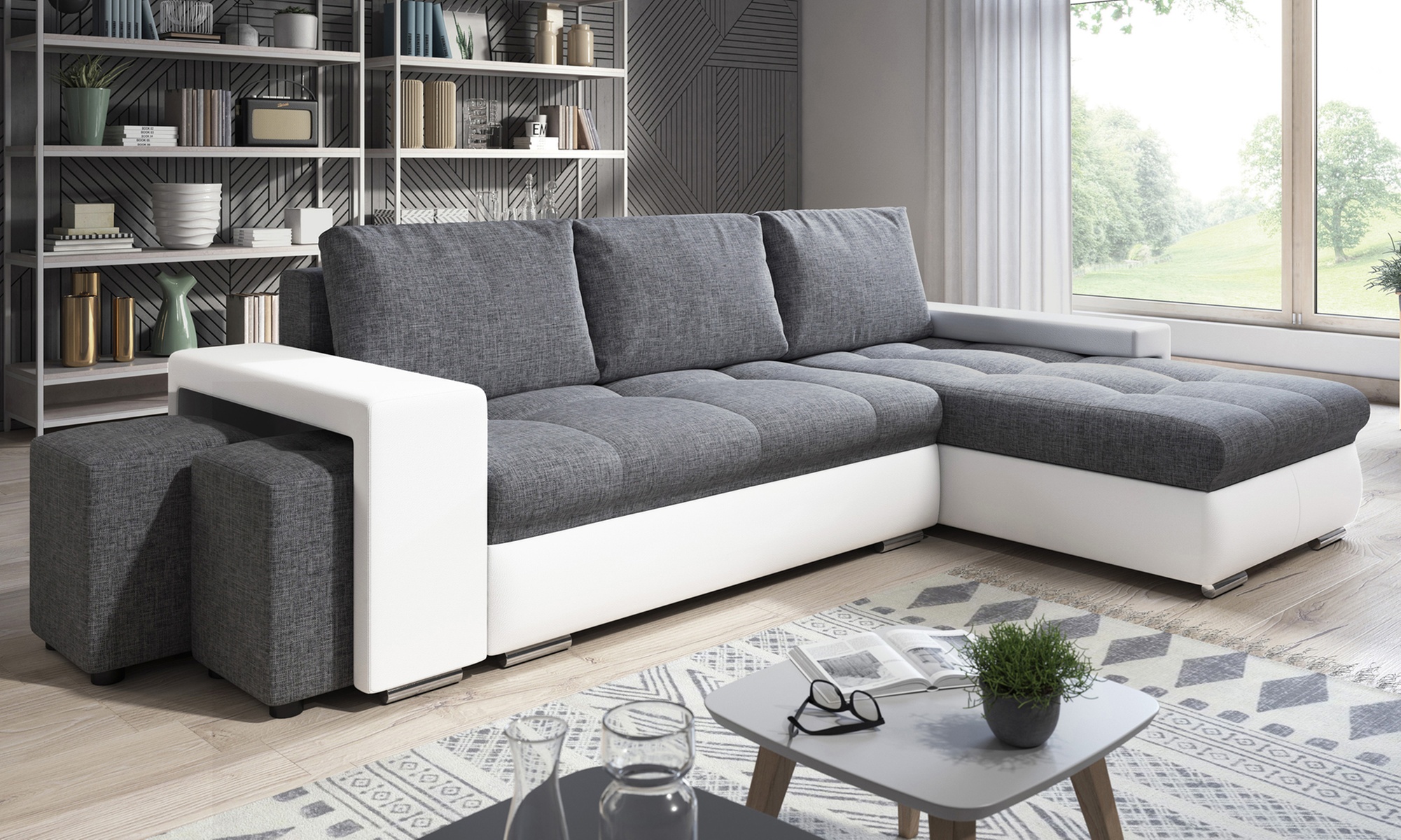 Canapé angle convertible et ses poufs