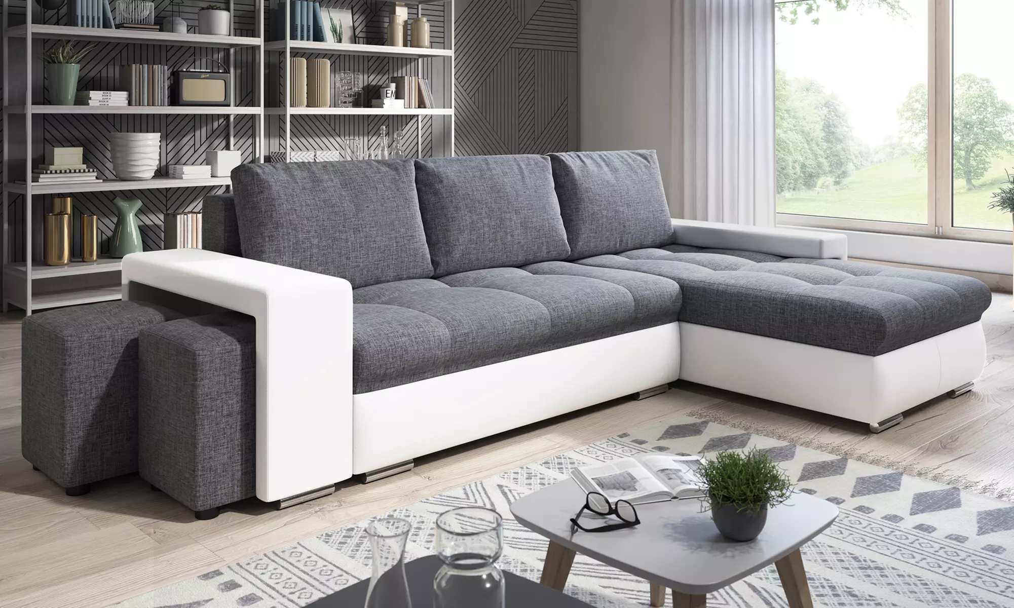 Canapé angle convertible et ses poufs