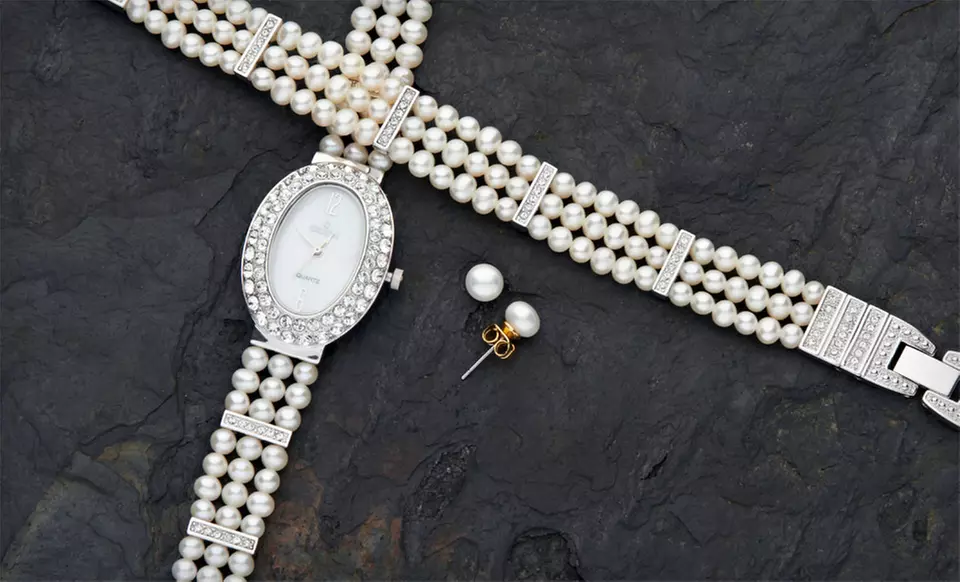 $54.99 for a Croton Freshwater-Pearl Watch, Bracelet, and Earring Set ($490 List Price) - Primary Image