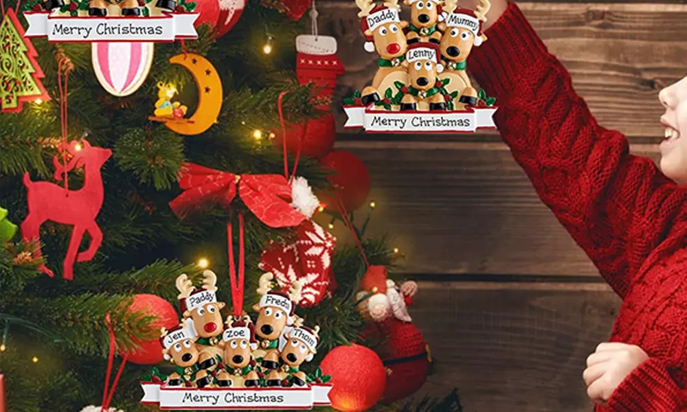 1, 2 o 3 set di ornamenti natalizi con design di una famiglia di renne