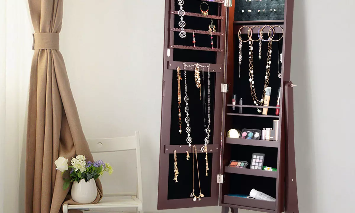 Standing LED Jewelry Cabinet Armoire Organizer with Bevel Edge Mirror - Second Medium