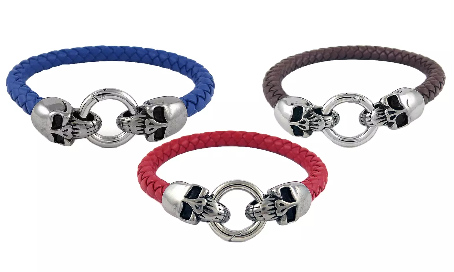 thumbnail image 2 of Men's Black Genuine Leather Skull Wristband Bracelet – Stainless Steel, Surfer Style 2 of 6