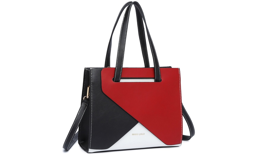 Image 11: Women PU Leather Classy Contrast Panel Shoulder Bag