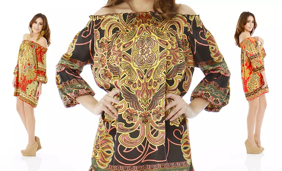 Classique Peasant Dresses with 3/4-Length Bubble Sleeves in Black/Yellow, Brick, or Red/Gold. Free Shipping and Returns. - Primary Image