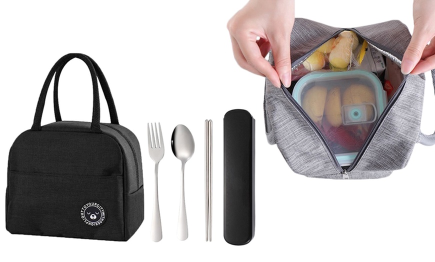 Image 1: Insulated Lunch Bag and Three-Piece Cutlery Set