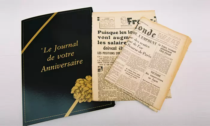 Bon d'achat de 22, 25, 30 ou 35 € sur le journal du jour de sa naissance dès 11 € avec Jadis'Press - Primary Image