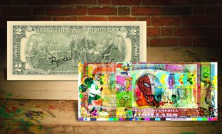 Pop-Art Cartoon Designs on Colorized $2 Bills