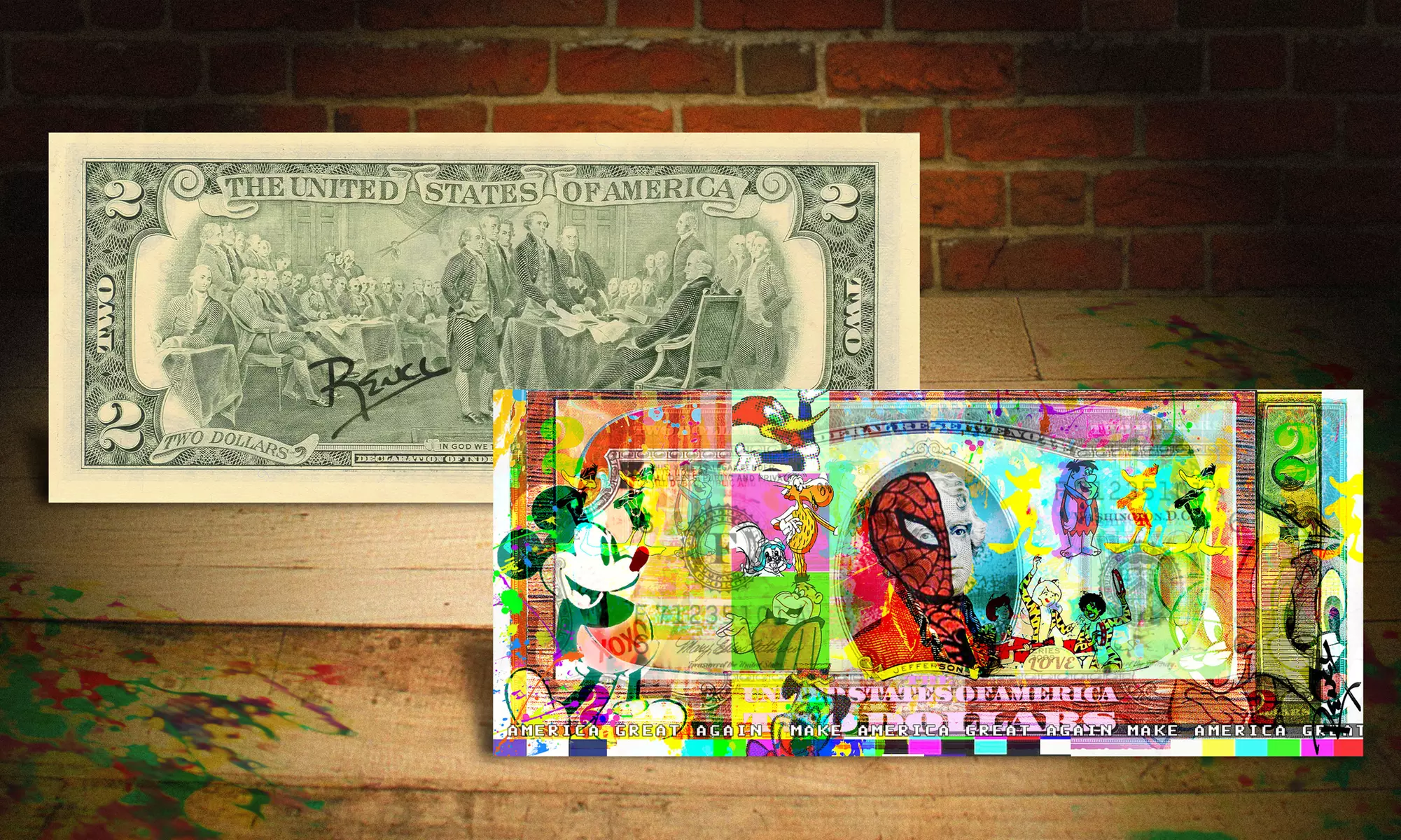 Pop-Art Cartoon Designs on Colorized $2 Bills - Primary Image