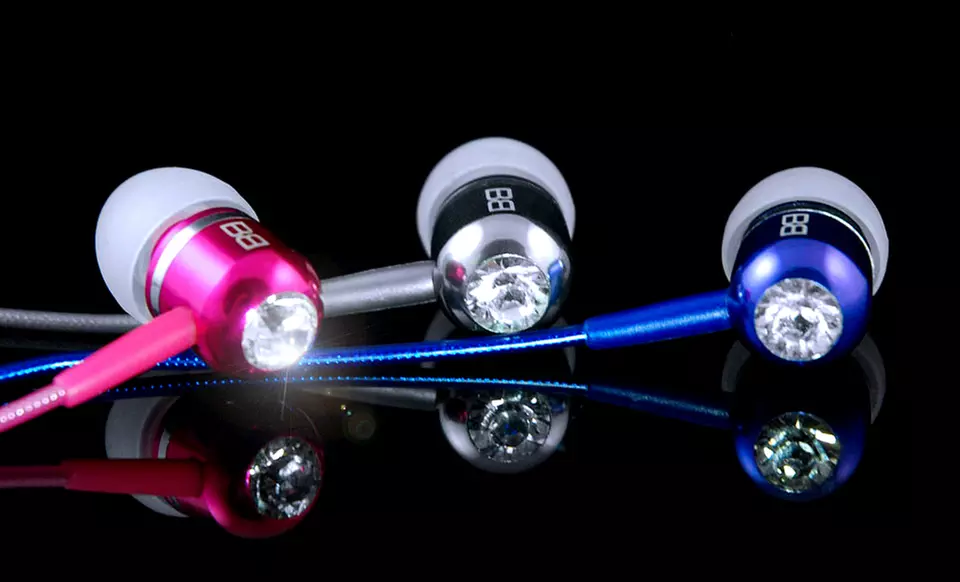 BassBuds Earbuds with Swarovski Elements & Hands Free Mic. Multiple Colors Available.  - Primary Image
