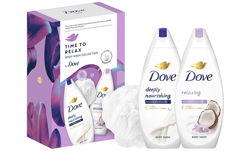 Image 1: Up to Four Dove Time to Relax Body Wash Collection Gift Sets