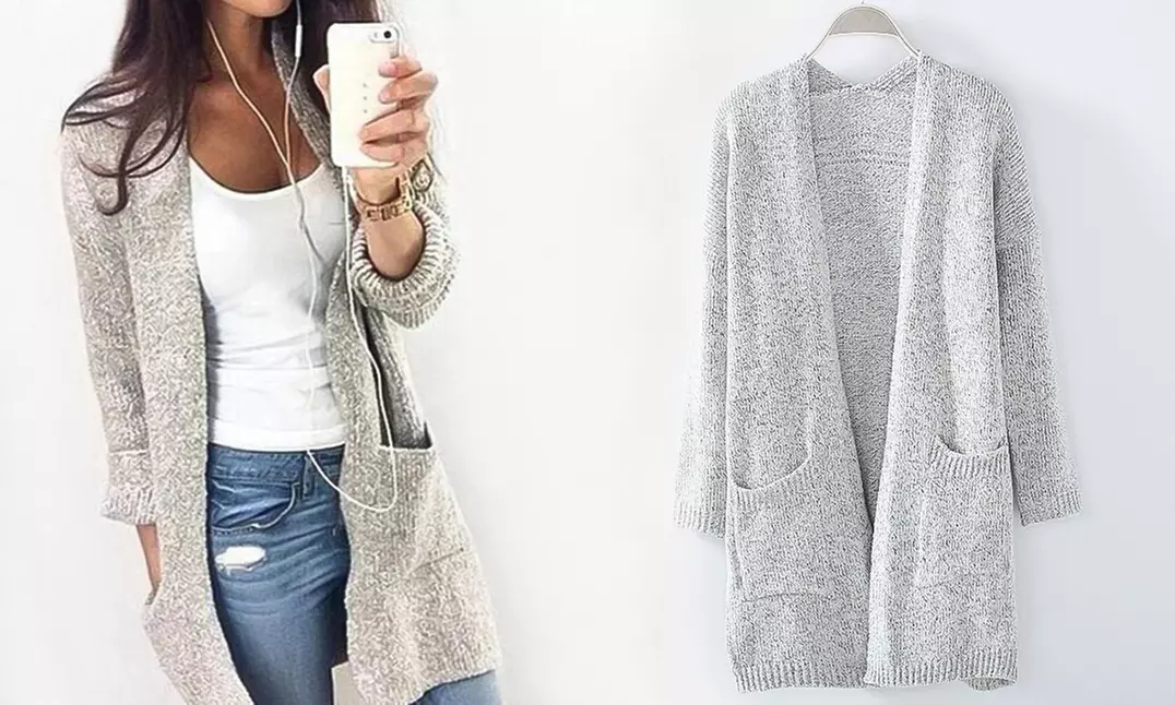 Lange Strickjacke mit zwei Seitentaschen in Grau - Primary Image