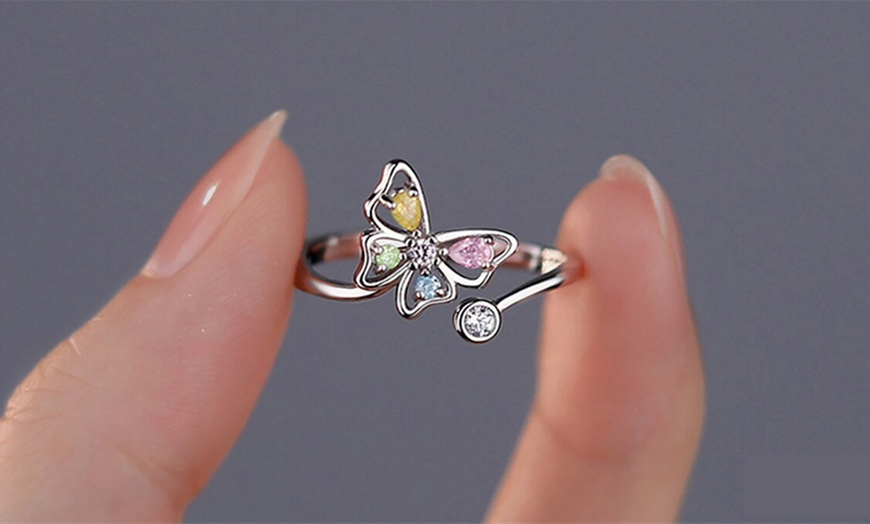 Image 2: Multicolour Butterfly Adjustable Ring with Crystals