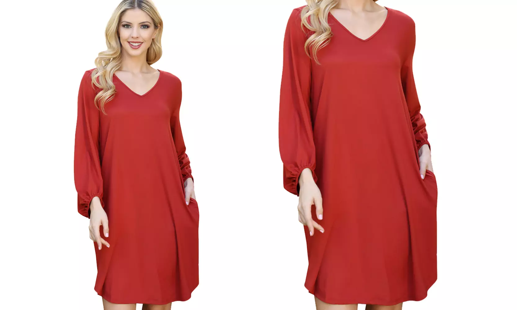 Riah Fashion Solid V-Neck Tunnel Long Sleeve Dress
