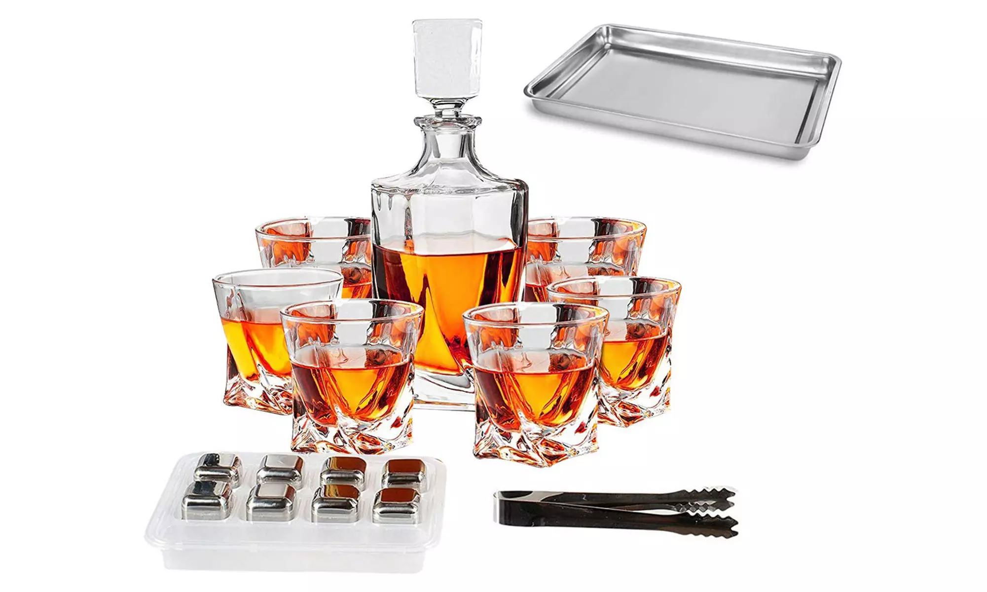 Whiskey Decanter Bar Set with Tray, Cooling Stones, 6 Glasses, and Tong (17-Piece) - Primary Image