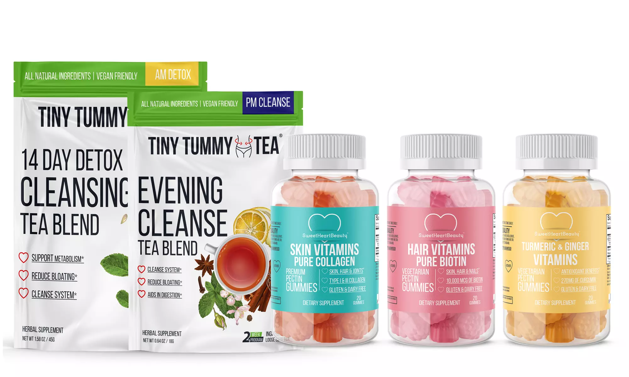 Tiny Tummy Tea AM and PM Cleanse, Turmeric, Collagen, and Biotin Gummies (5-Pack) - Primary Image