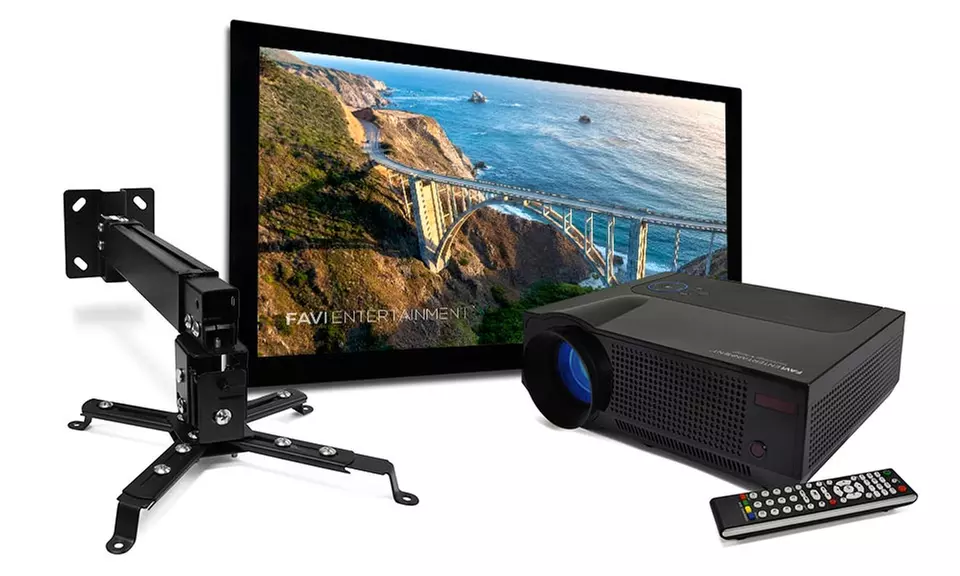Favi 720p Ultra-Bright LCD Projector with 120" Fixed-Frame Screen and Universal Ceiling Mount - Primary Image