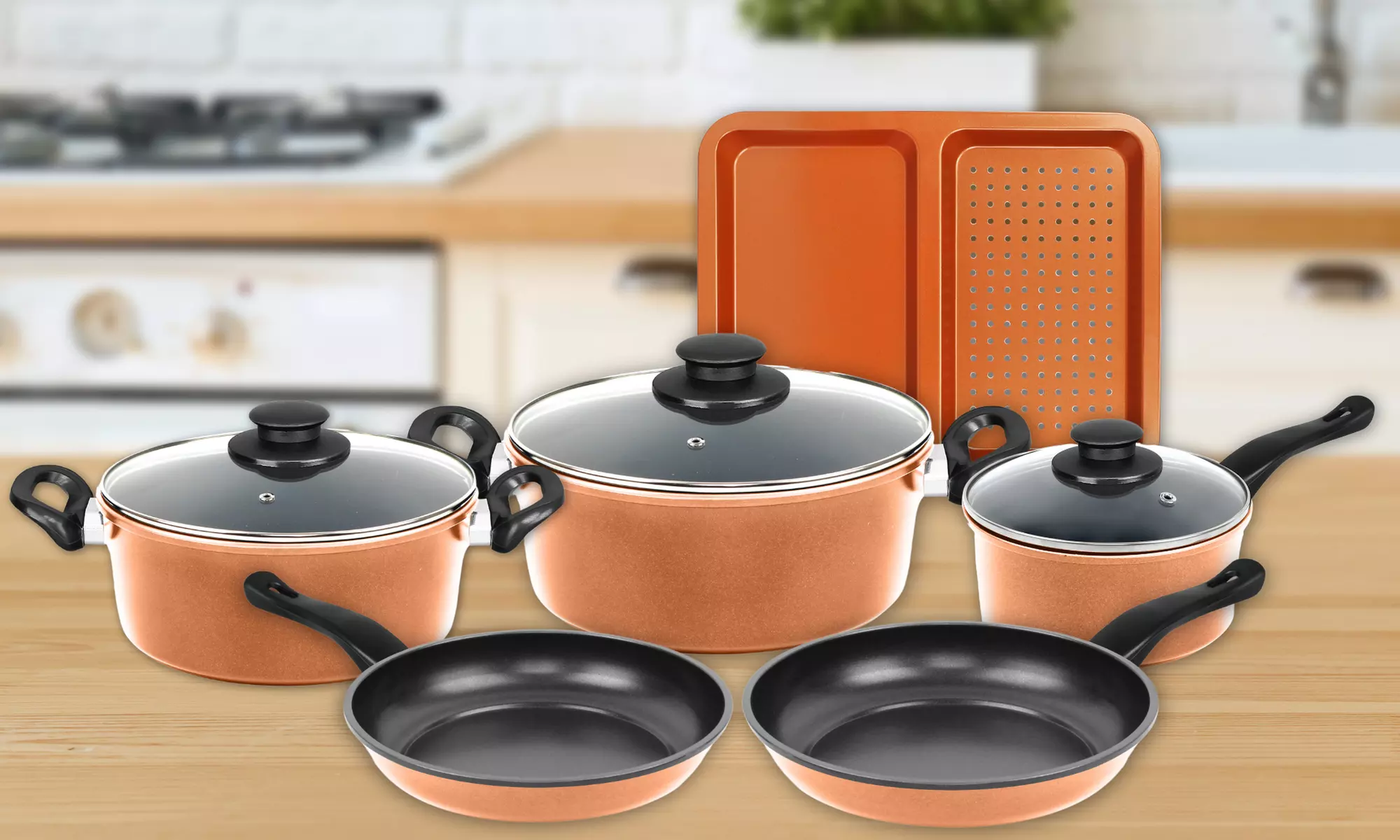 Herzberg pannenset met anti-aanbaklaag en koperen effect