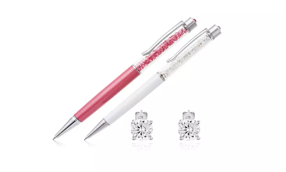 2.00 CTTW Sterling Silver Earrings and Pen Set Made with Swarovski Elements - Primary Image