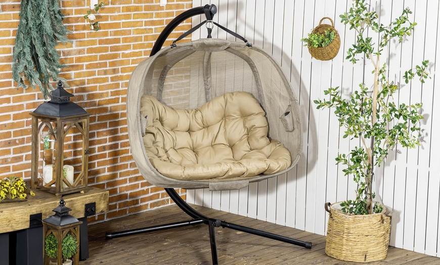 Image 1: Outsunny Two-Seater Hanging Egg Chair