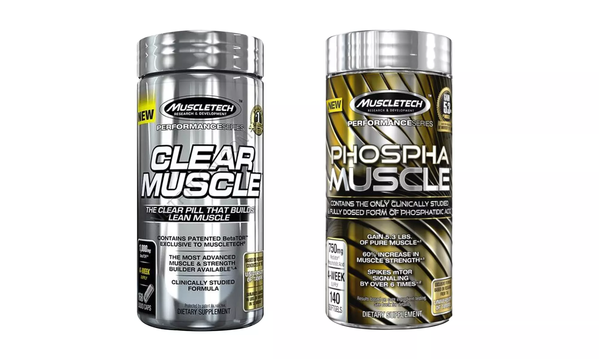 84-Serving Bottle of Muscletech Clear Muscle and 28-Serving Bottle of Phospha Muscle Gainz Stack Supplements - Primary Image