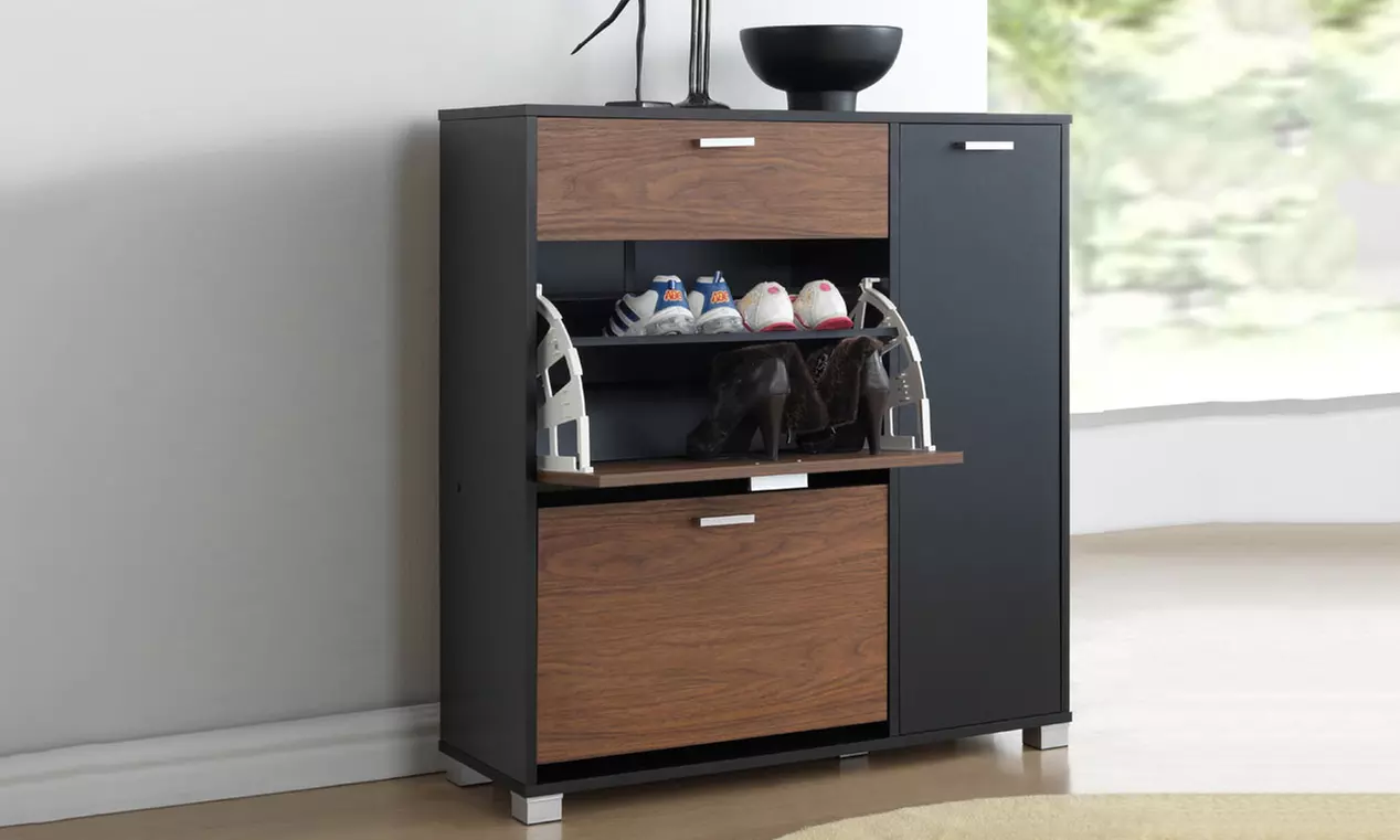 Mid-Century Storage Cabinet with Fold-Out Shoe Rack - Primary Image