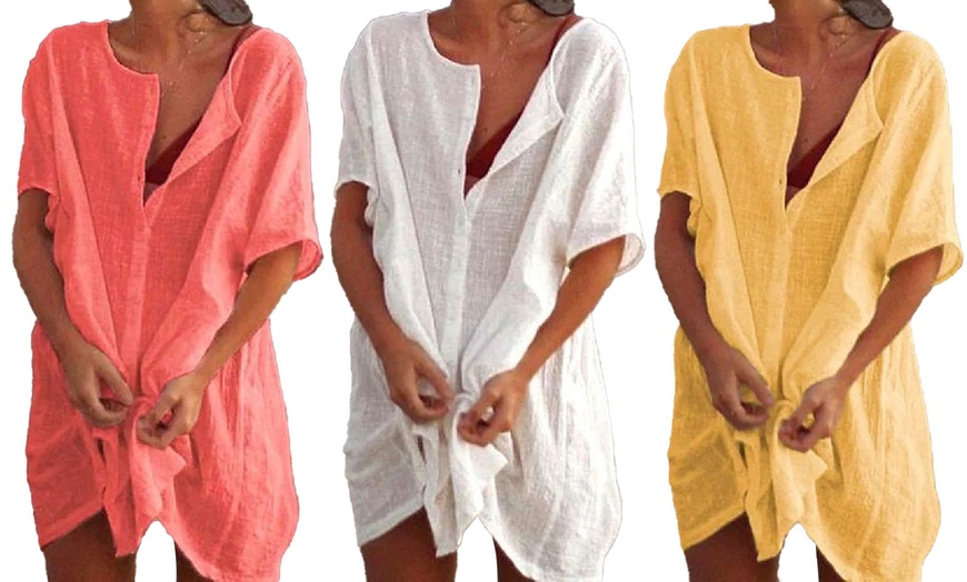 Image 1: Women's Swimwear Cover-Up Linen Loose Beach Top