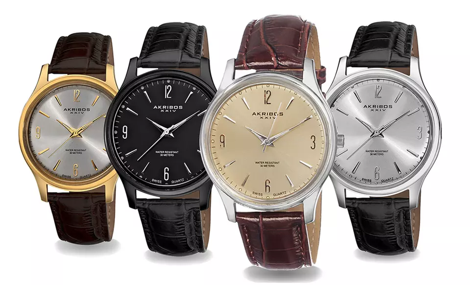 Akribos XXIV Swiss Men's Leather-Strap Watches﻿ in Black, Brown, Silver Tone, or Gold Tone. Free Returns.  - Primary Image