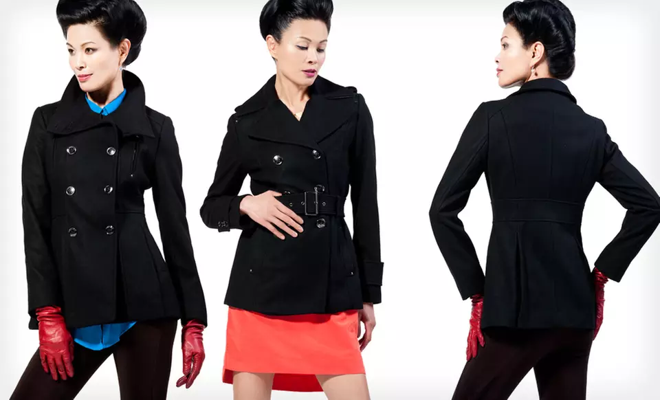 $39.99 for a Kenneth Cole Women's Zipper-Detail or Belted Pea Coat in Black (Up to $350 List Price). Free Shipping. - Primary Image