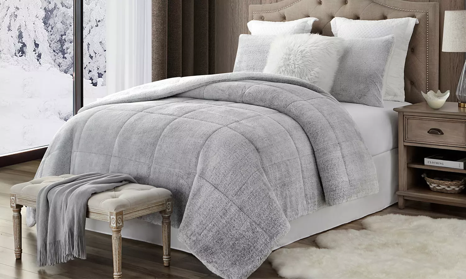 Luxury Home Faux Fur and Sherpa Reversible Comforter Set (3-Piece) - Primary Image