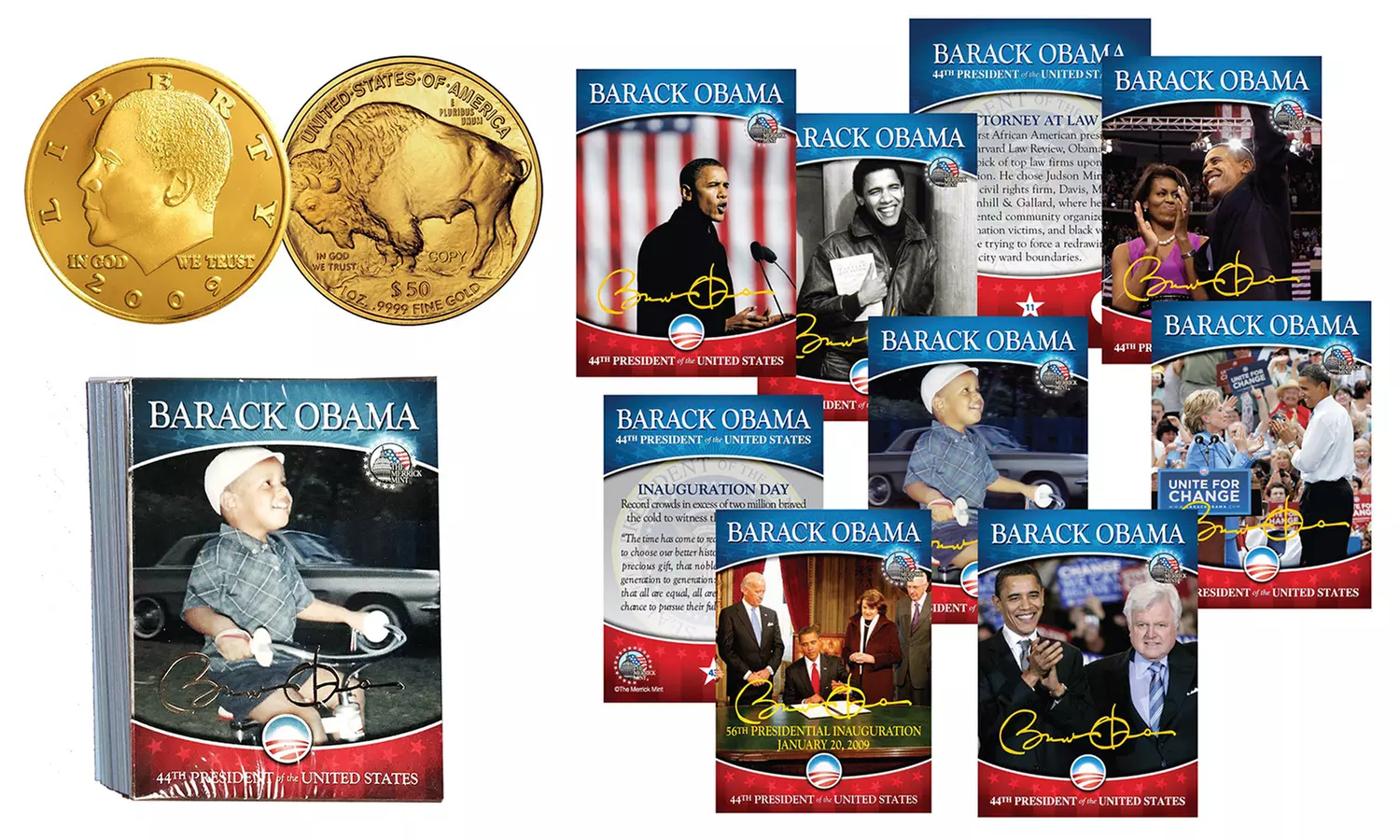 President Barack Obama 44-Card Commemorative Set with Foil Inauguration Cards and 2009 $50 Goldine Buffalo Proof Coin - Primary Image