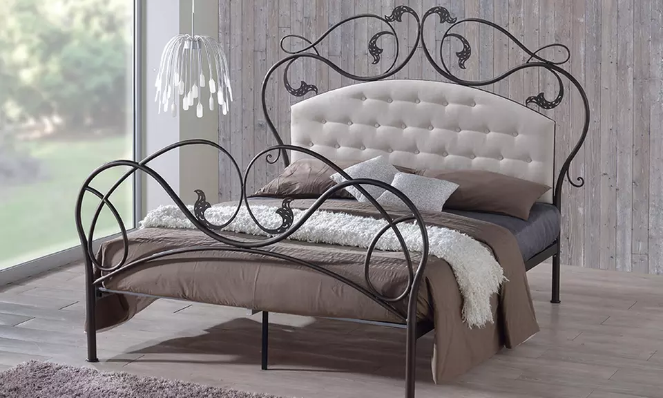Rachel Scrolling Iron Metal Bed Frame with Tufted Headboard - Primary Image