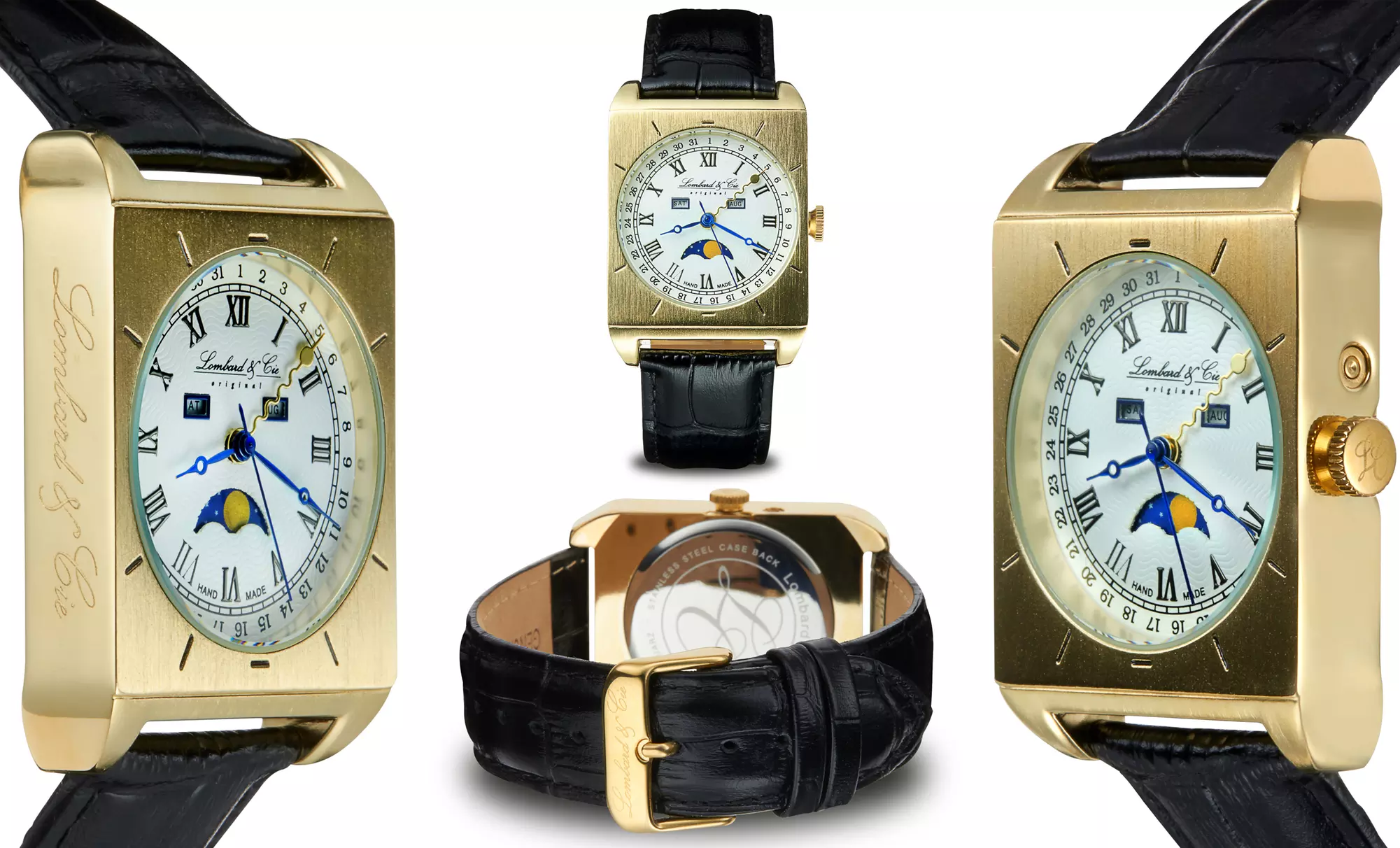 Lombard & Cie Men's Moon Phase Multifunction Watch with Leather Strap - Second Medium