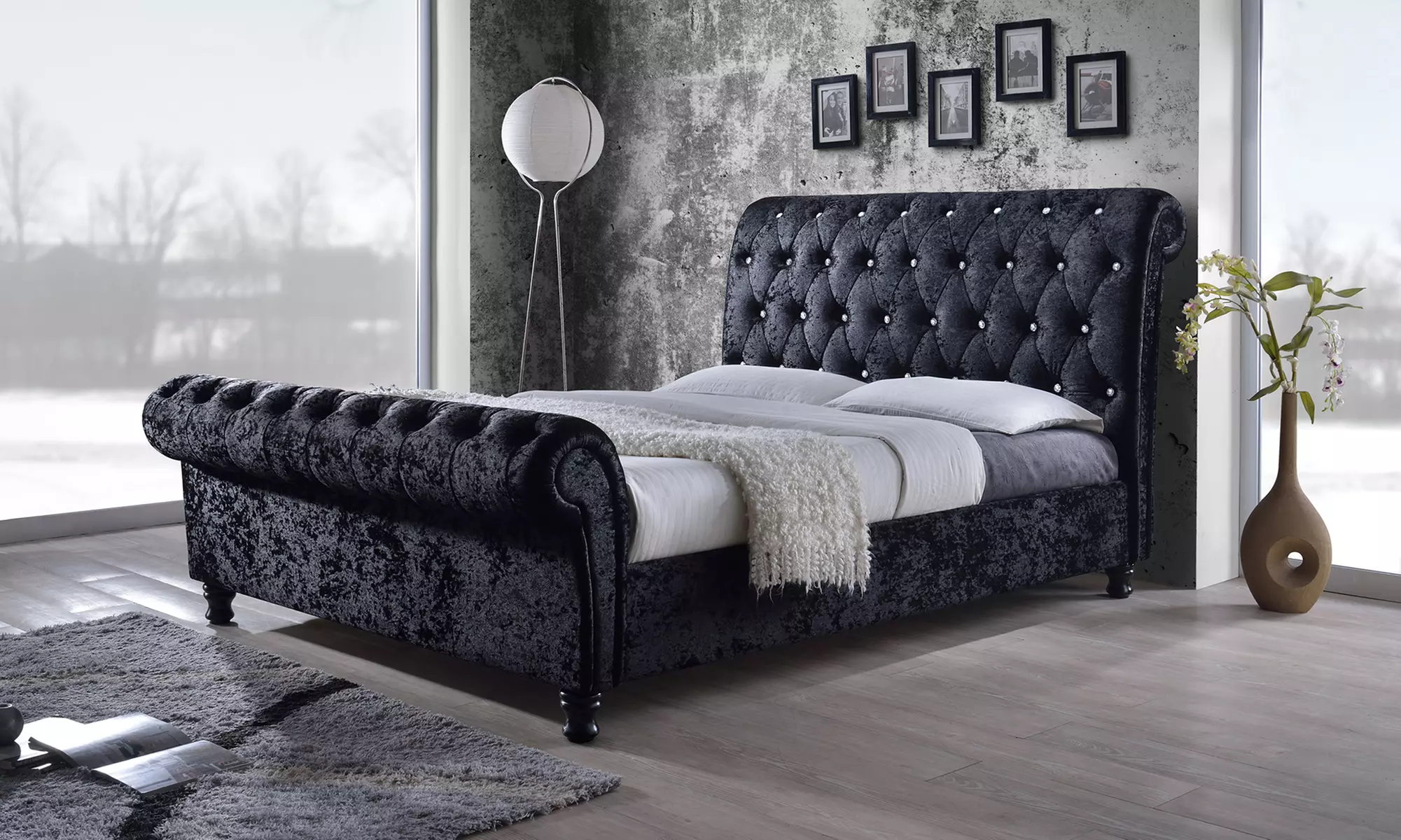 Black Velvet Diamond-Tufted Sleigh Bed - Primary Image