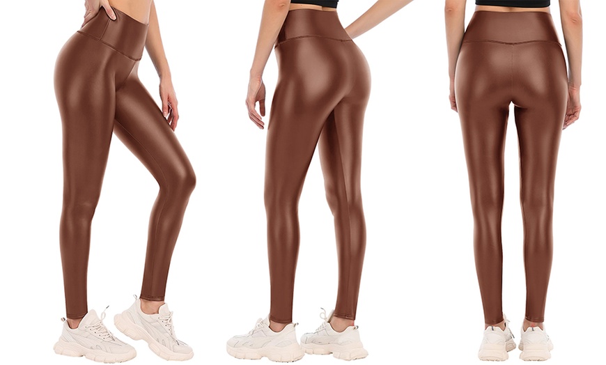 Image 3: Plus Size Full-Length Wet Look Leggings with Elasticated Waistband