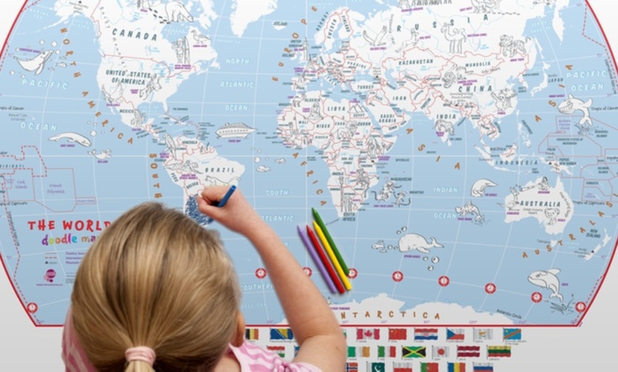 Image 1: Doodle World Map with Crayons 