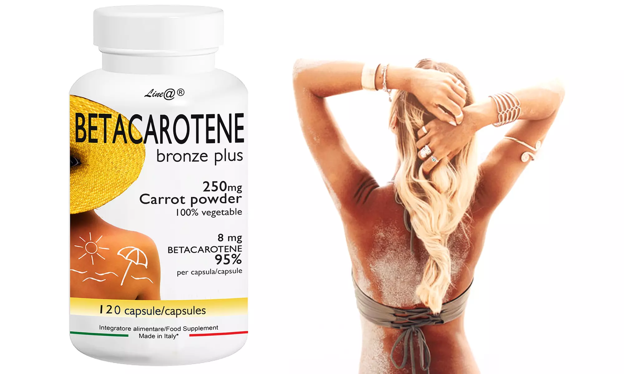 Fino a 360 capsule di Betacarotene Line@ per attivare e prolungare l'abbronzatura contrastando gli eritemi - Primary Image