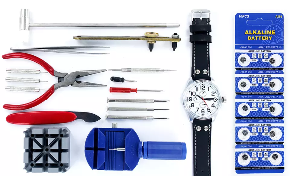 16-Piece Deluxe Watch-Repair Tool Kit, Plus 10-Pack of Model 377 Batteries - Primary Image