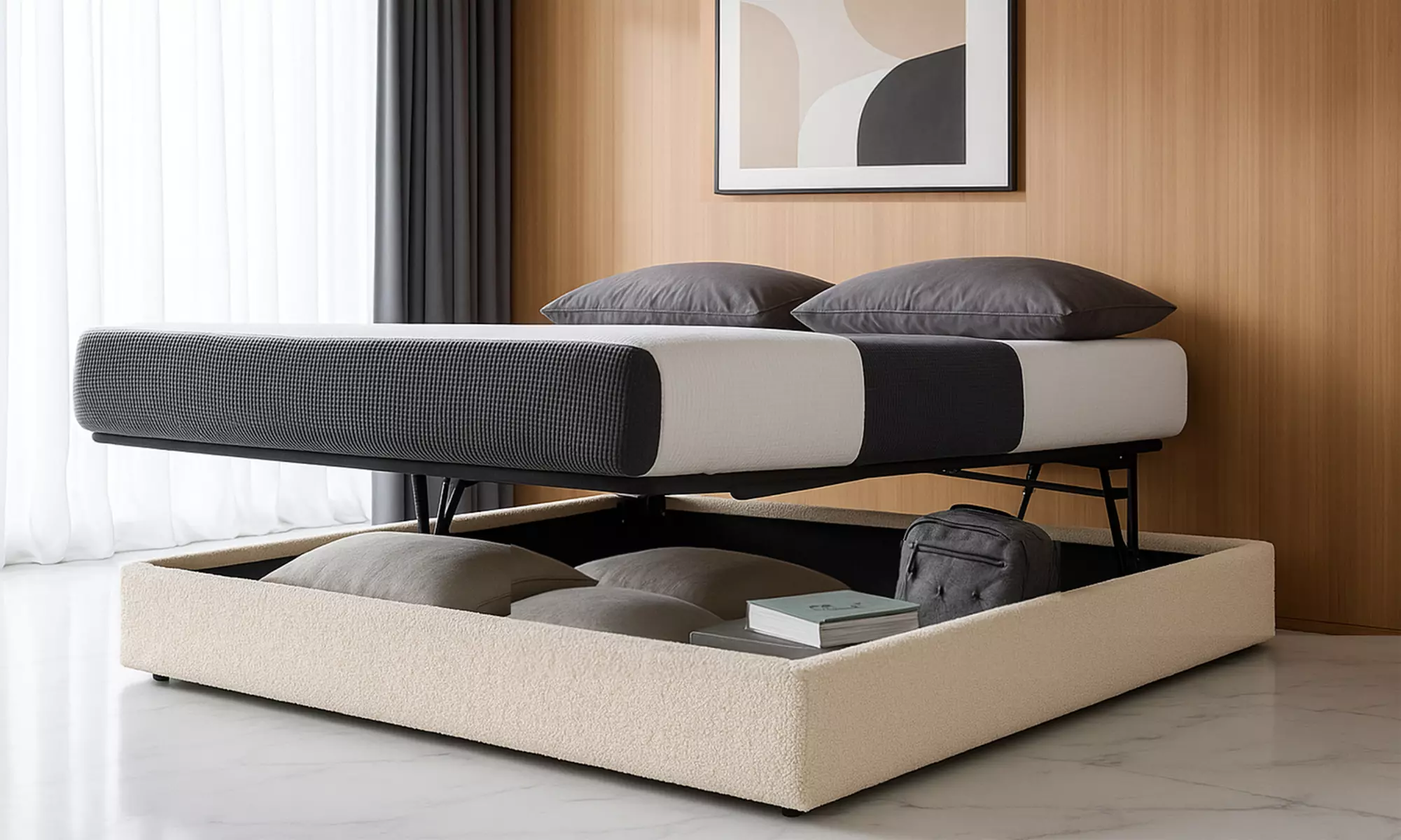 Lit coffre Bouclette, 3 positions : repos, faire lit, stocker, Sampur