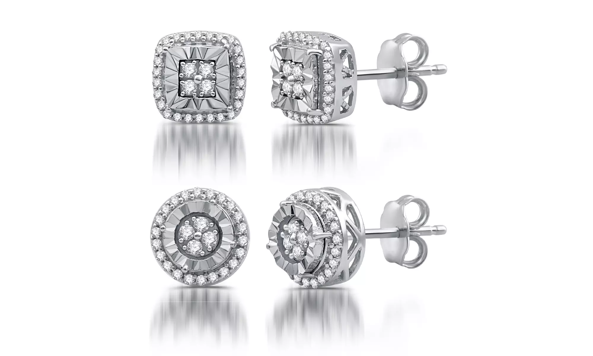 1/4 CTTW Diamond Cushion or Round Shape Stud Earrings In Sterling Silver by DeCarat - Primary Image