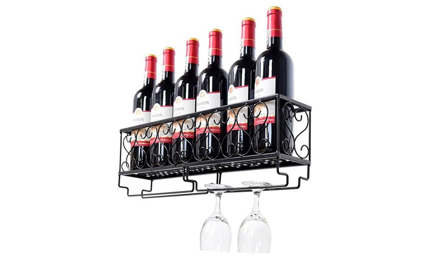 Image 3: Wall-Mounted Wine Glass Rack Goblet and Bottle Storage