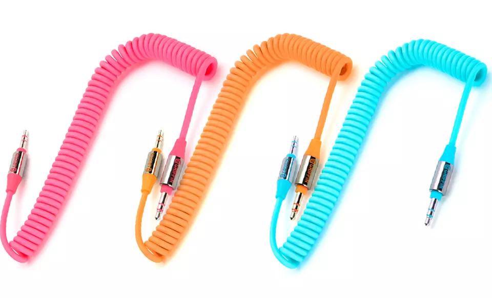 Griffin Coiled 6 Ft. Aux Cable in Fluorescent Blue, Orange, or Pink. - Primary Image
