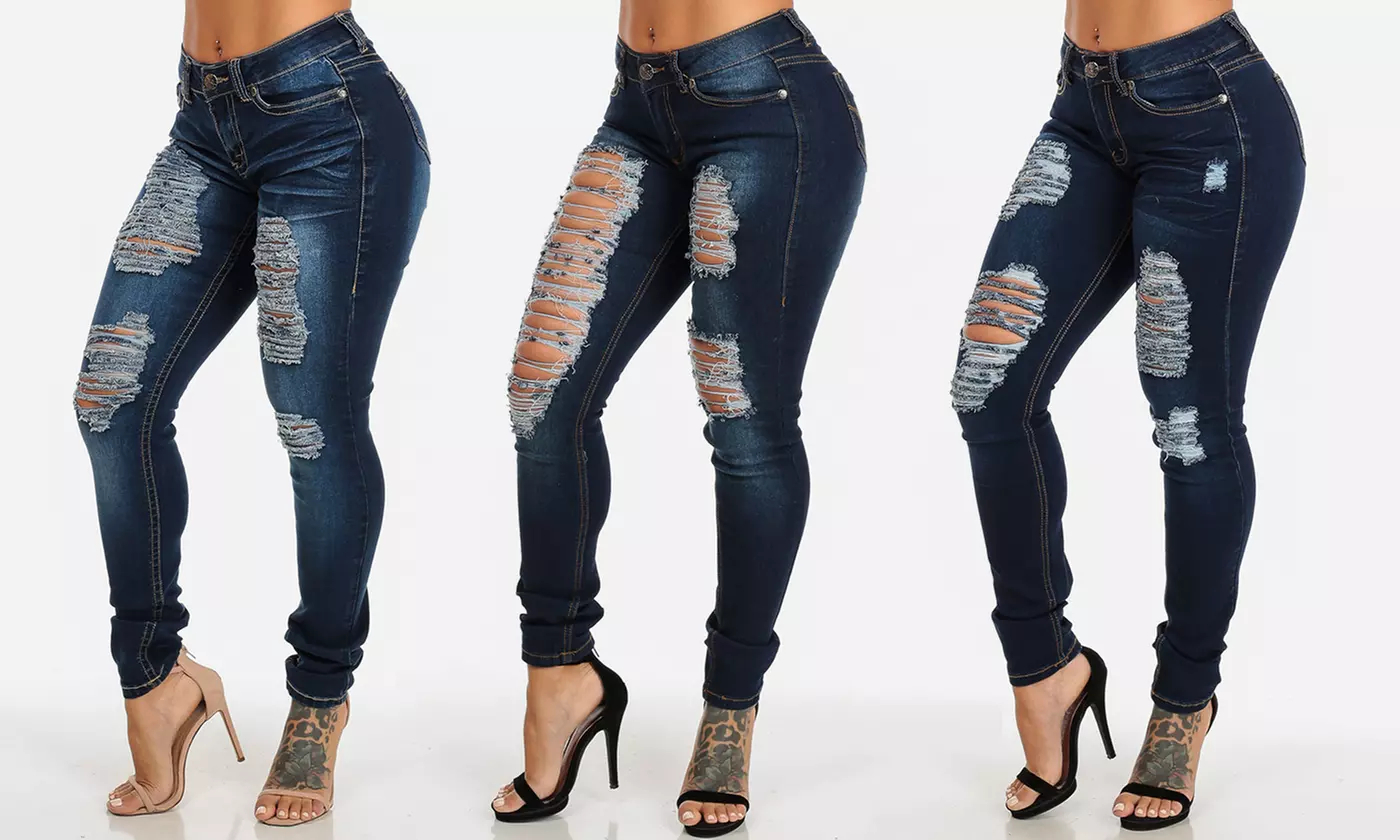 Women's Dark Denim Ripped Skinny Jeans in Junior Sizes - Primary Image