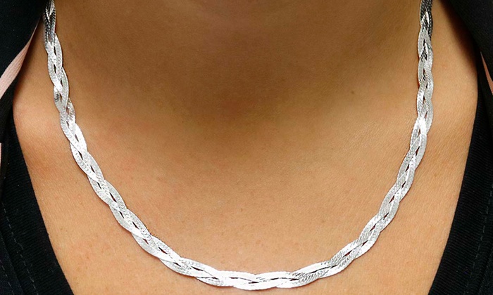 Italian Solid Sterling Silver Diamond Cut Braided Herringbone Necklace