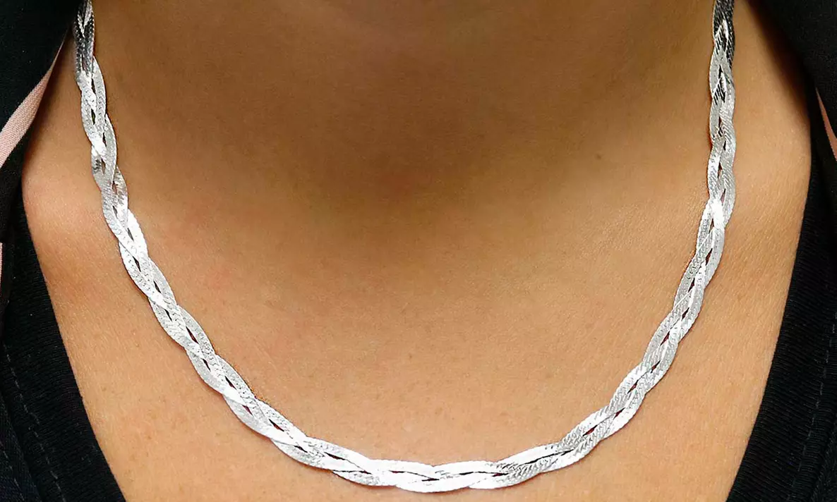 Italian Solid Sterling Silver Diamond Cut Braided Herringbone Necklace - Primary Image