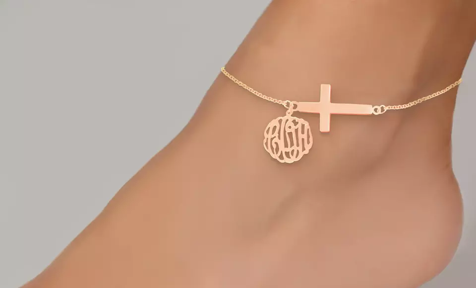 Monogram Anklet or Bracelet with a Sideways Cross Charm in Sterling Silver or Yellow or Rose Gold from $39.99–$44.99 - Primary Image