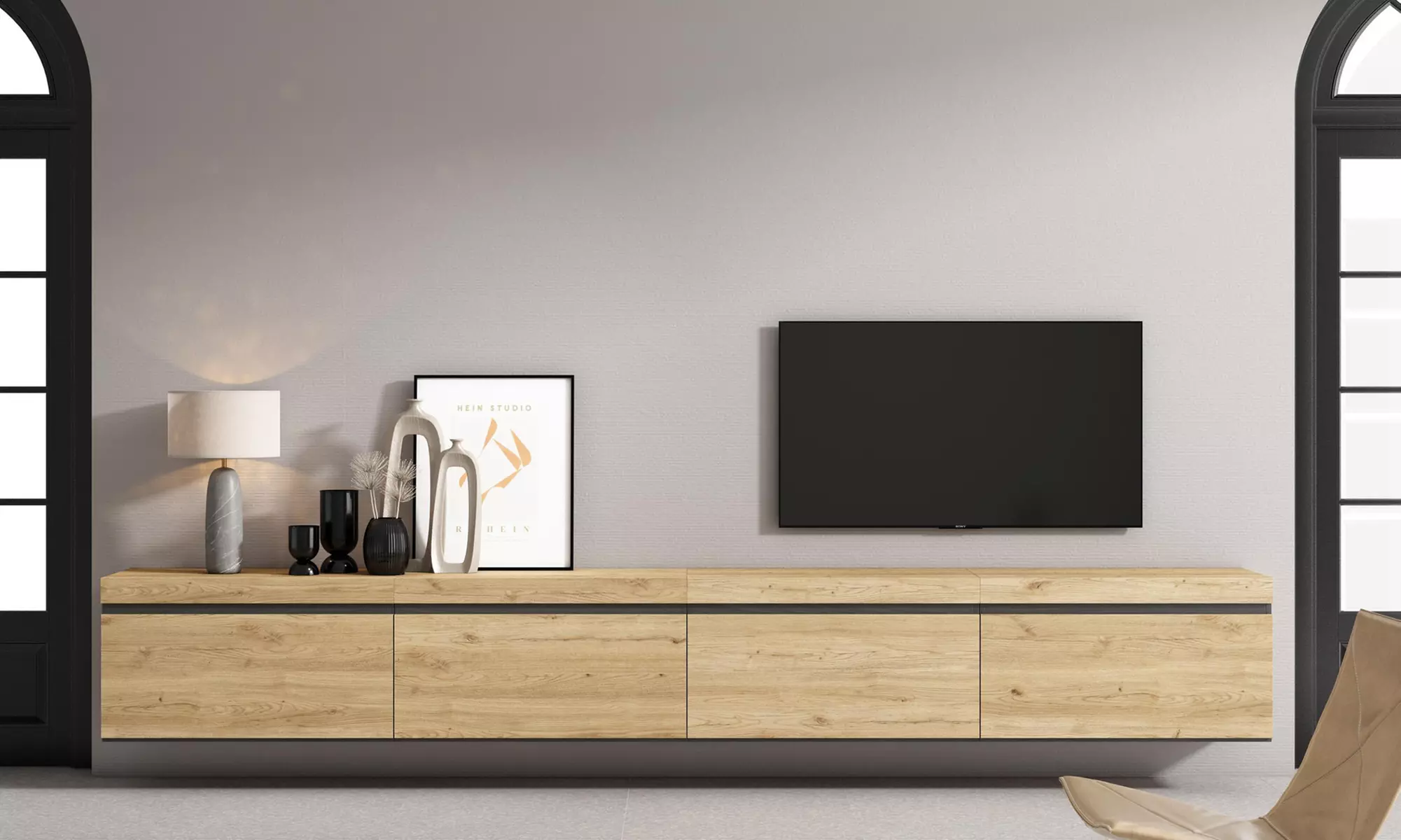 Hängender TV-Schrank 320 cm od. TV-Schrank 288 cm + elektrischer Kamin